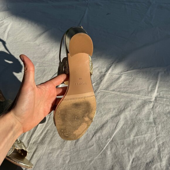 Vaneli ‘Lettie’ Gold Beige Platinum Weave Block Heel Sandals - Picture 12 of 13